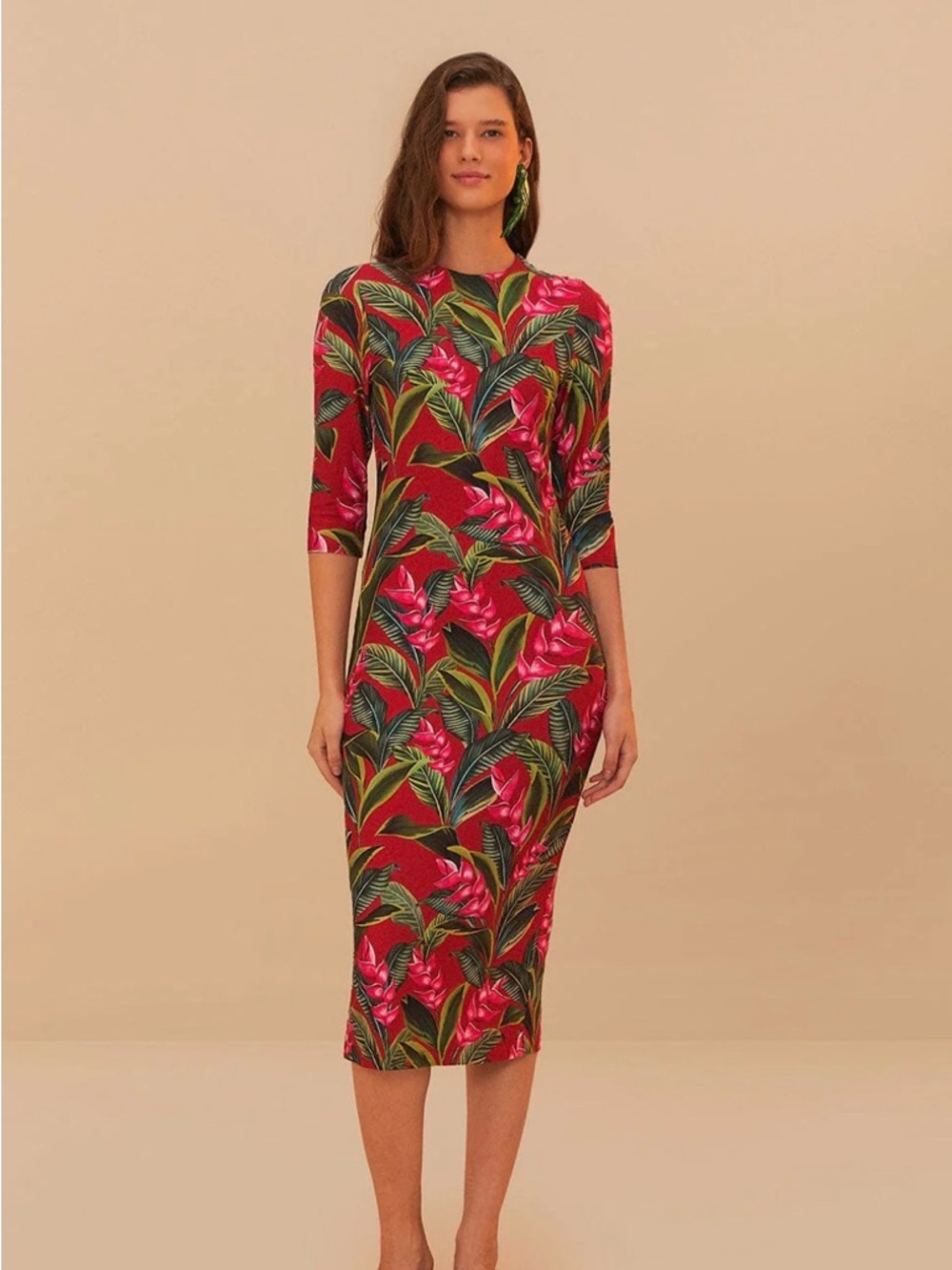 FARM Rio Tropical-Print Midi Dress 3/4 Sleeve NWT